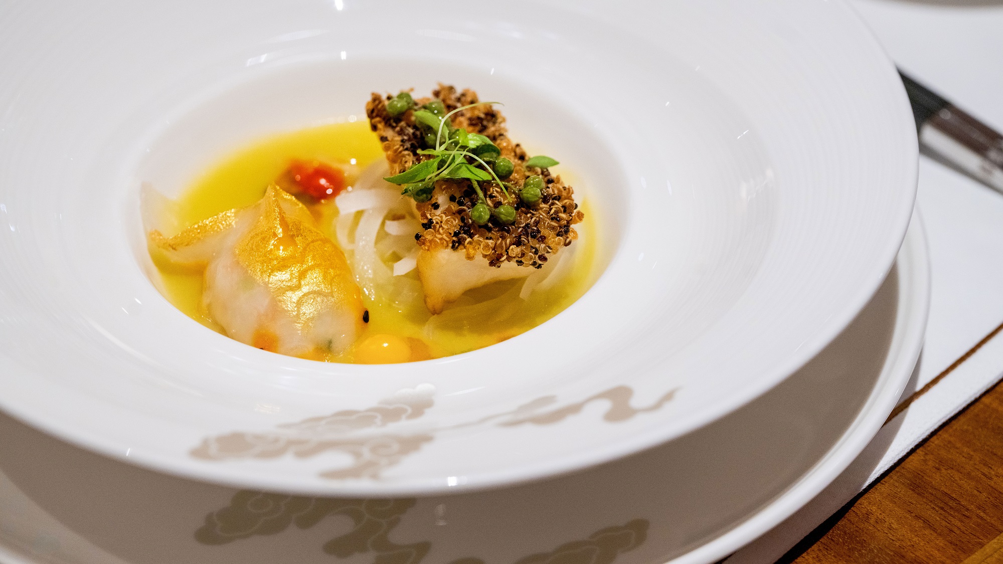 Pan-Fried Cod Fish with Quinoa, Preserved Vegetables and Cod Fish Dumpling with Minced Shrimps and Bamboo Shoots in Sichuan Spicy-Sour Sauce.jpg